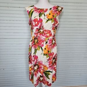 Isabella DeMarco Tahari Levine Linen Blend Pink Orange Floral Sheath Dress Sz 8